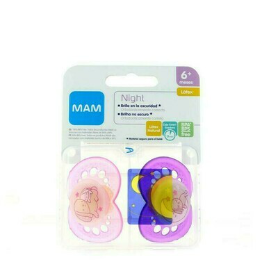 CHUPETE SILICONA MAM ORIGINAL NIGHT   6 M PACK DOBLE ROSA