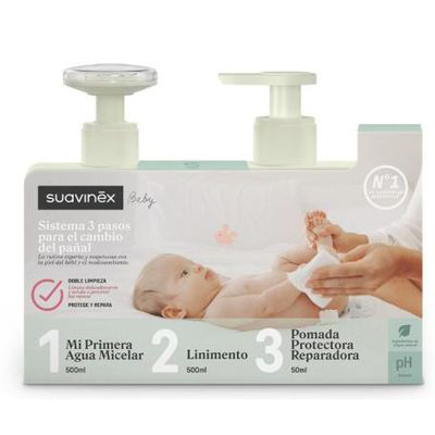 SUAVINEX BABY SISTEMA 3 PASOS CAMBIO PAÑAL 1 ENVASE 500 ML AGUA MICELAR + 1 ENVASE 500 ML LINIMENTO + 1 TUBO 50 ML POMADA REPARADORA