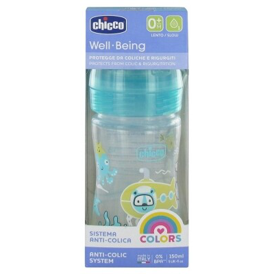CHICCO BIBERON ANTICOLICO WELL.BEING TETINA SILICONA +0M 150ML AZUL