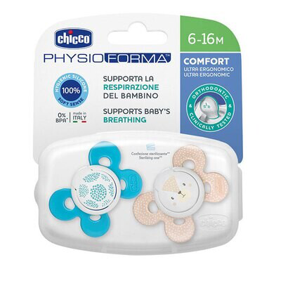 CHICCO CHUPETE PHYSIOFORMA CONFORT SILICONA 6-16M 2 UNIDADES AZUL
